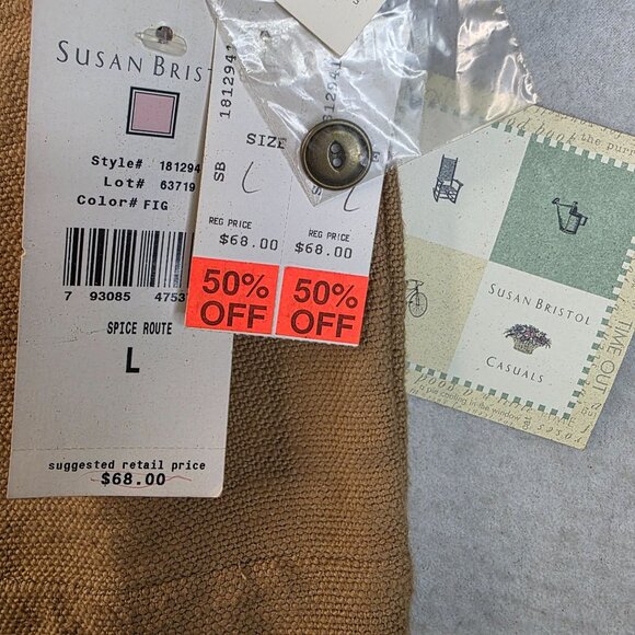 Susan Bristol Sleeveless Tweed Button Front Vest Large Tan Cotton Pockets - Picture 3 of 8